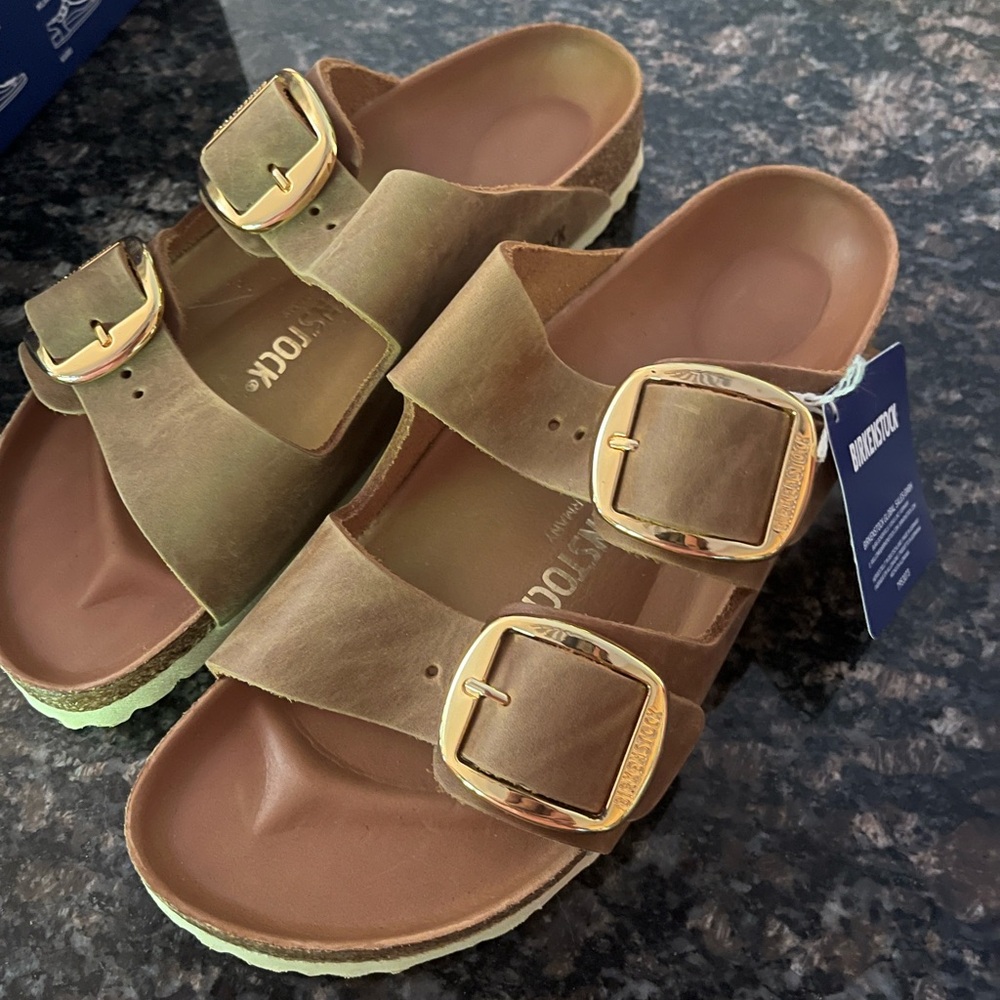 BIRKENSTOCK ARIZONA BIG BUCKLE SLIDE SANDAL - ANTIQUE COGNAC - SZ - 9, EU 40